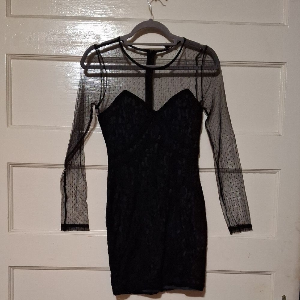 Haute Monde Black Long Sleeve Dress with Sheer Detail (Rox148)